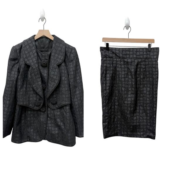 Vintage Andrea Odicini 100% Silk Black Texture Set Blazer Skirt Size 42 - Picture 1 of 15